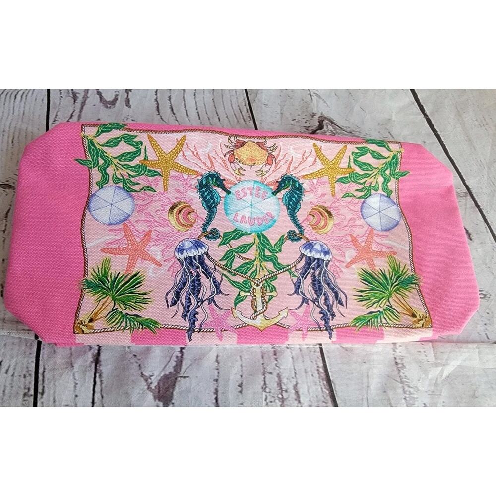 ESTEE LAUDER Sea Horse Printed Makeup Bag Shell Zipper Pink New Without Tags